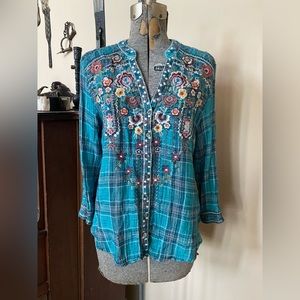 Johnny Was Workshop Embroidered Teal Western shirt
